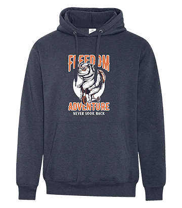 Navy blue fleece hoodie featuring a printed graphic of a bear riding a bike with a full white moon behind it, and bold text that reads 'FREEDOM ADVENTURE - Never Look Back' in white and orange.