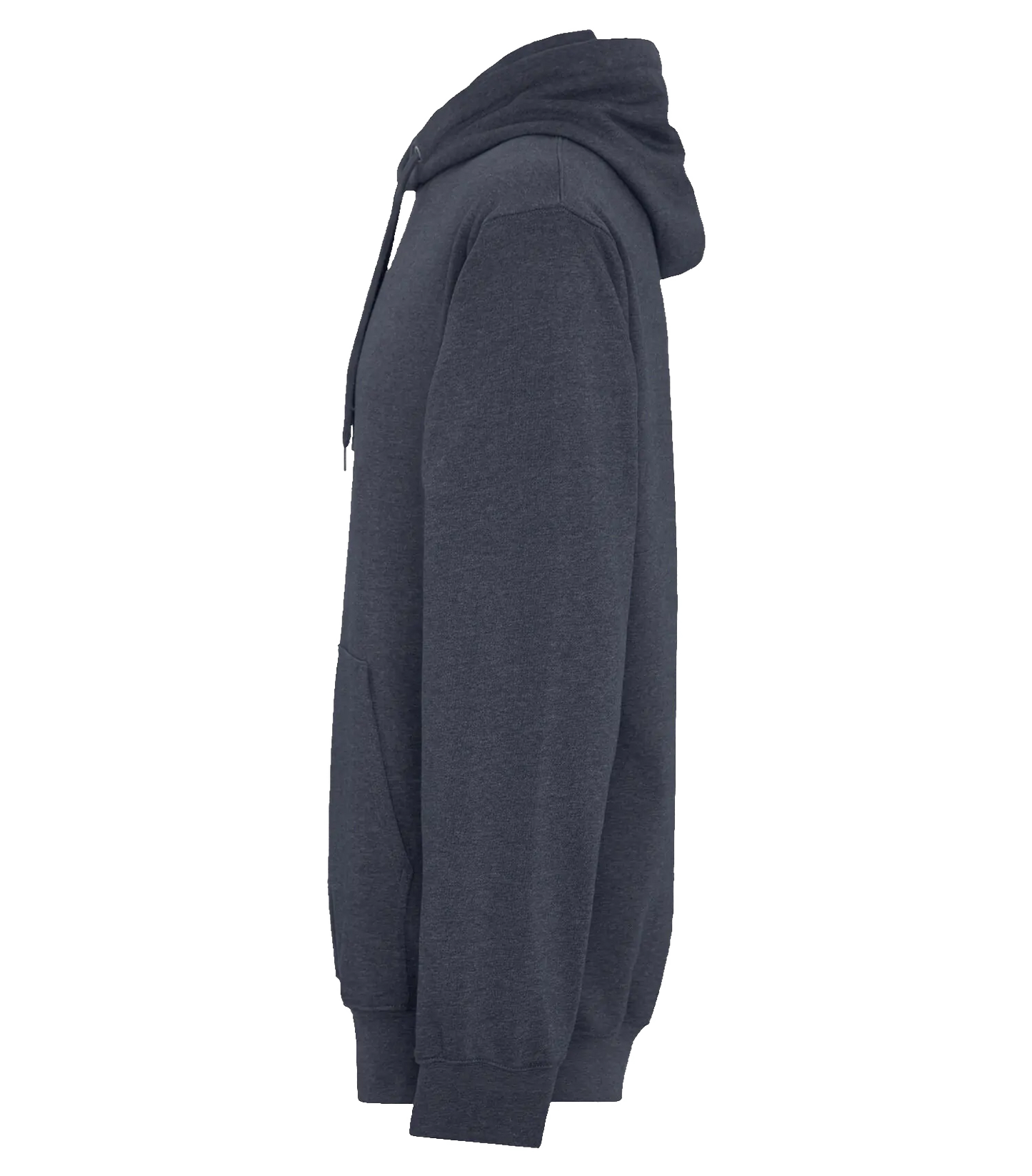 Side view of ATC Earth Wash Tourbillon fleece hoodie in dark heather navy, showing sleeve, pocket, and hood with no visible branding or design