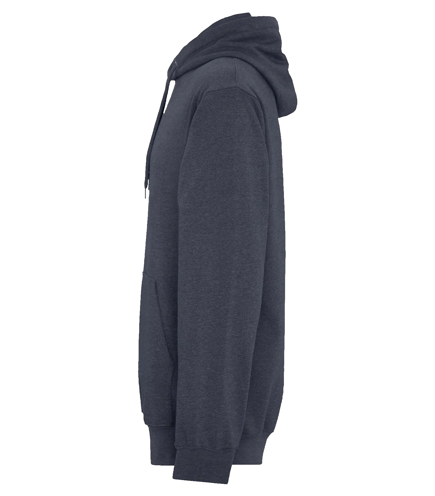 Side view of ATC Earth Wash Tourbillon fleece hoodie in dark heather navy, showing sleeve, pocket, and hood with no visible branding or design