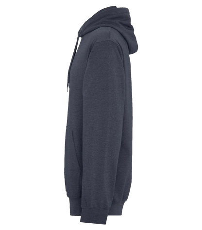 Side view of ATC Earth Wash Tourbillon fleece hoodie in dark heather navy, showing sleeve, pocket, and hood with no visible branding or design