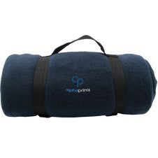 Navy rolled fleece travel blanket with carrying handle, featuring an embroidered 'alphaprints' logo on the front