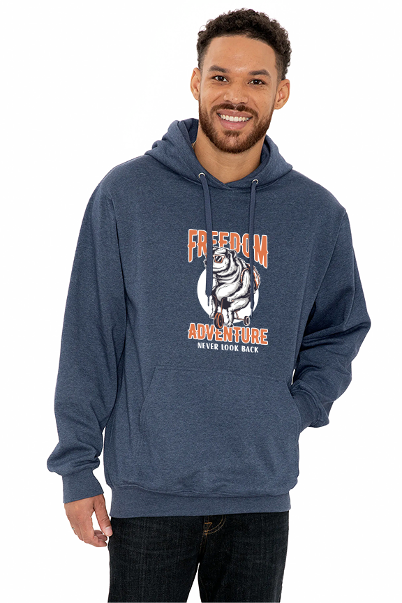 Man wearing ATC Earth Wash Tourbillon fleece hoodie in dark heather navy with a front graphic of a bear on a motorcycle and bold text reading 'FREEDOM ADVENTURE – NEVER LOOK BACK'