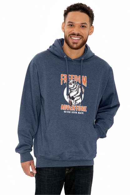 Man wearing ATC Earth Wash Tourbillon fleece hoodie in dark heather navy with a front graphic of a bear on a motorcycle and bold text reading 'FREEDOM ADVENTURE – NEVER LOOK BACK'