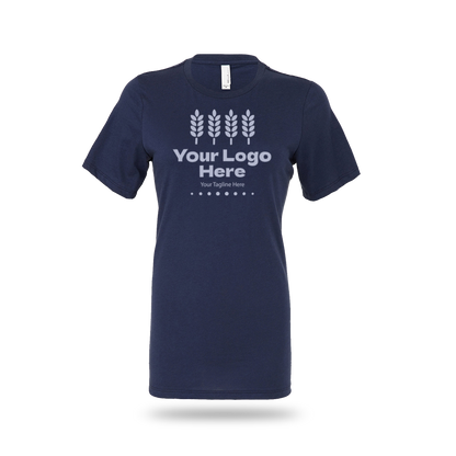 Navy Bella + Canvas BCB6400 ladies' jersey short-sleeve T-shirt with custom white logo and text.