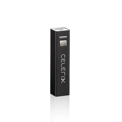 Black rectangular portable power bank with a silver button and USB port on top, featuring a customized 'CELERIX' logo vertically engraved on the front.
