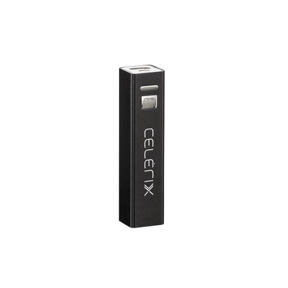 Black rectangular portable power bank with a silver button and USB port on top, featuring a customized 'CELERIX' logo vertically engraved on the front.