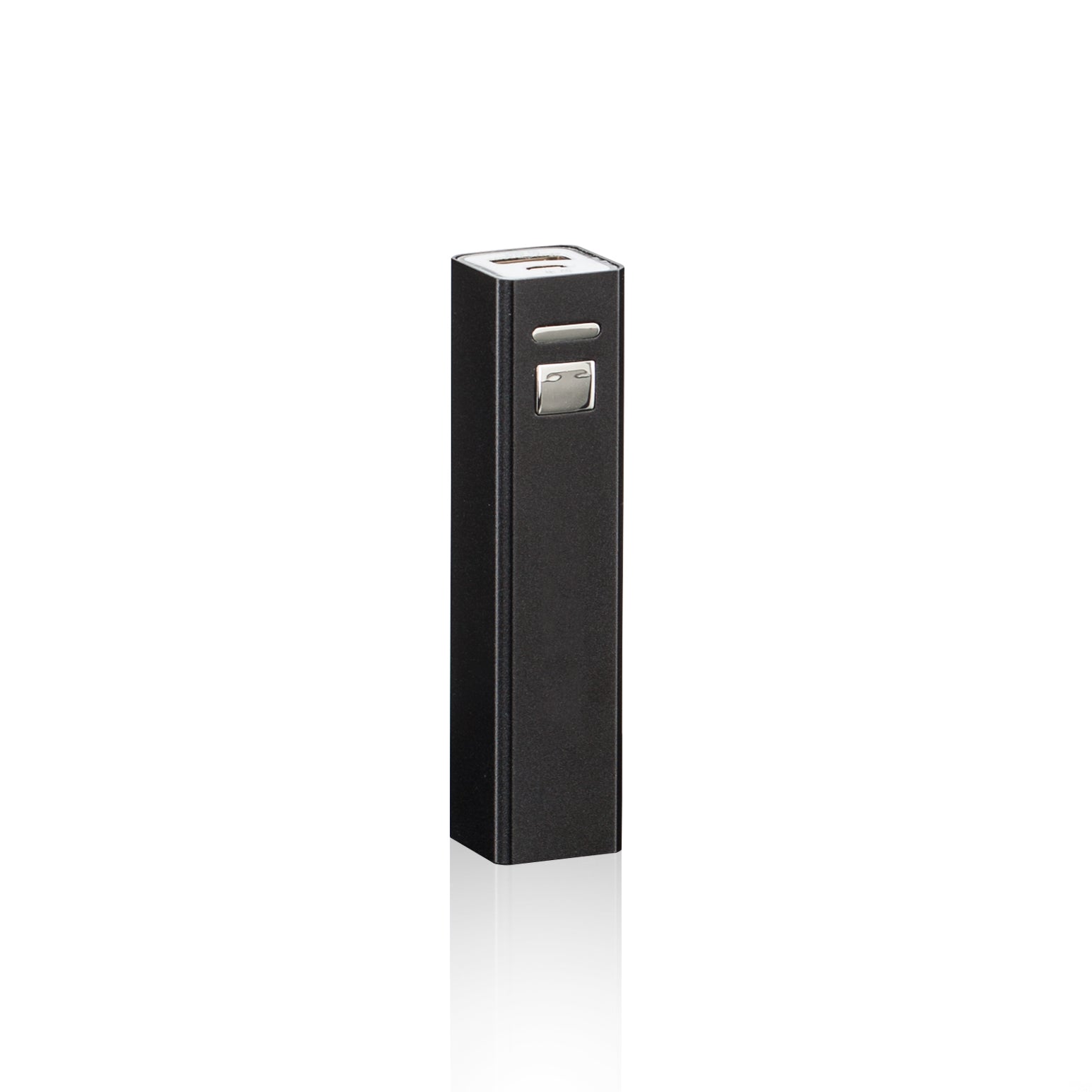 Back view of a slim black portable power bank with a metallic button and USB port on top, ready for customized logo engraving