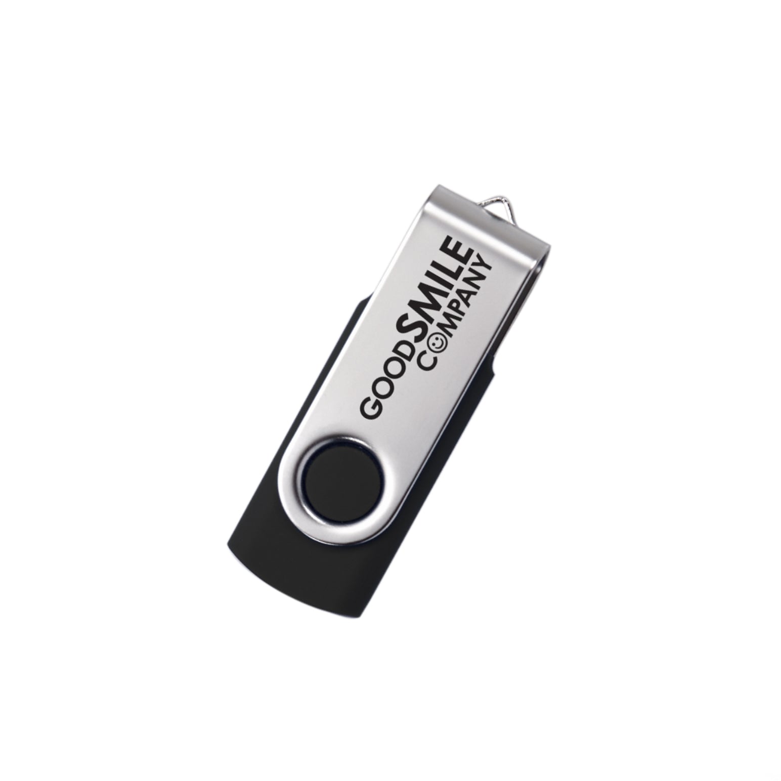 Black 8GB Comet USB flash drive with a silver swivel cover, customized with a black 'GOOD SMILE COMPANY' logo printed on the metal clip.