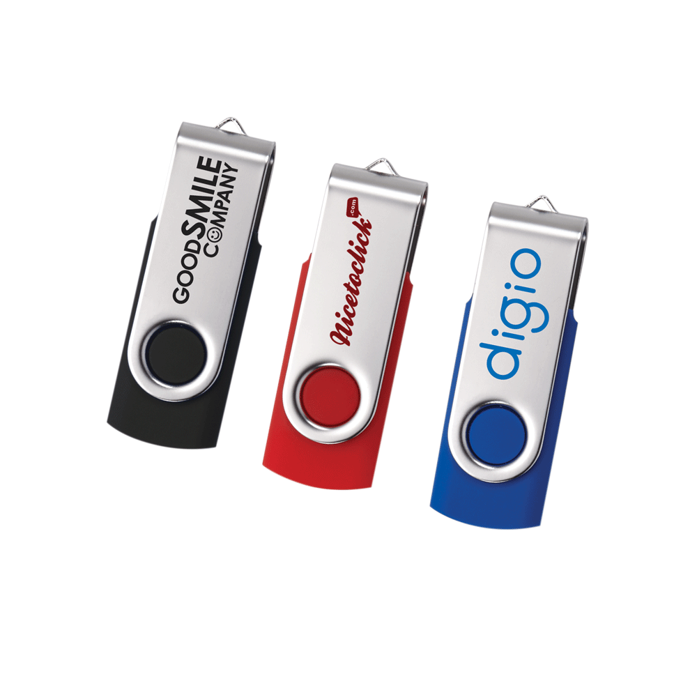 8GB Comet USB flash drives with swivel metal covers, shown in black, red, and blue plastic bases, each featuring a customized logo printed on the silver clip.