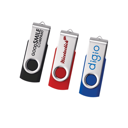 8GB Comet USB flash drives with swivel metal covers, shown in black, red, and blue plastic bases, each featuring a customized logo printed on the silver clip.