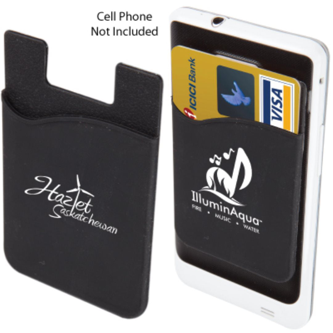 Two black silicone phone wallets with white printed logos — one displaying "Hazlet Saskatchewan" and the other attached to a phone holding two credit cards, featuring the "IlluminAqua" logo 