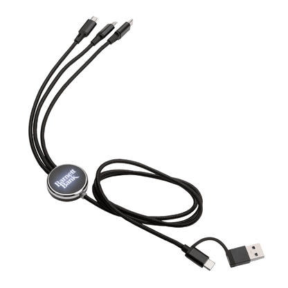 Fuller Light-Up Multi-Charge Cable featuring a USB input and three output connectors (Type-C, Micro USB, and Lightning), with a round central hub that lights up to display a customized logo