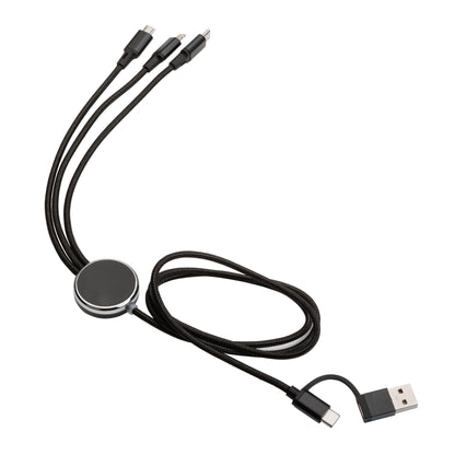 Black Fuller Light-Up Multi-Charge Cable with USB input and three output connectors (Type-C, Micro USB, and Lightning), featuring a blank black-and-silver central hub, ready for custom logo imprinting