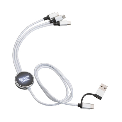 White Fuller Light-Up Multi-Charge Cable with USB input and three output connectors (Type-C, Micro USB, and Lightning), featuring a round black-and-silver hub with a custom 'Barnett Bank' logo in white; logo remains visible even when not illuminated