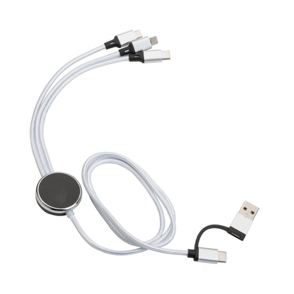 White Fuller Light-Up Multi-Charge Cable with USB input and three output connectors (Type-C, Micro USB, and Lightning), featuring a blank black-and-silver central hub, ready for custom logo imprinting