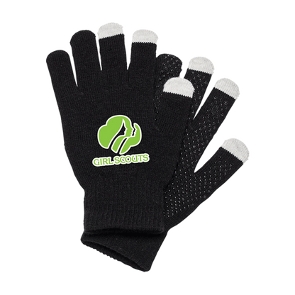 Pair of black touchscreen-compatible knit gloves with grey conductive fingertips and a customized 'GIRL SCOUTS' logo on the back of one glove.