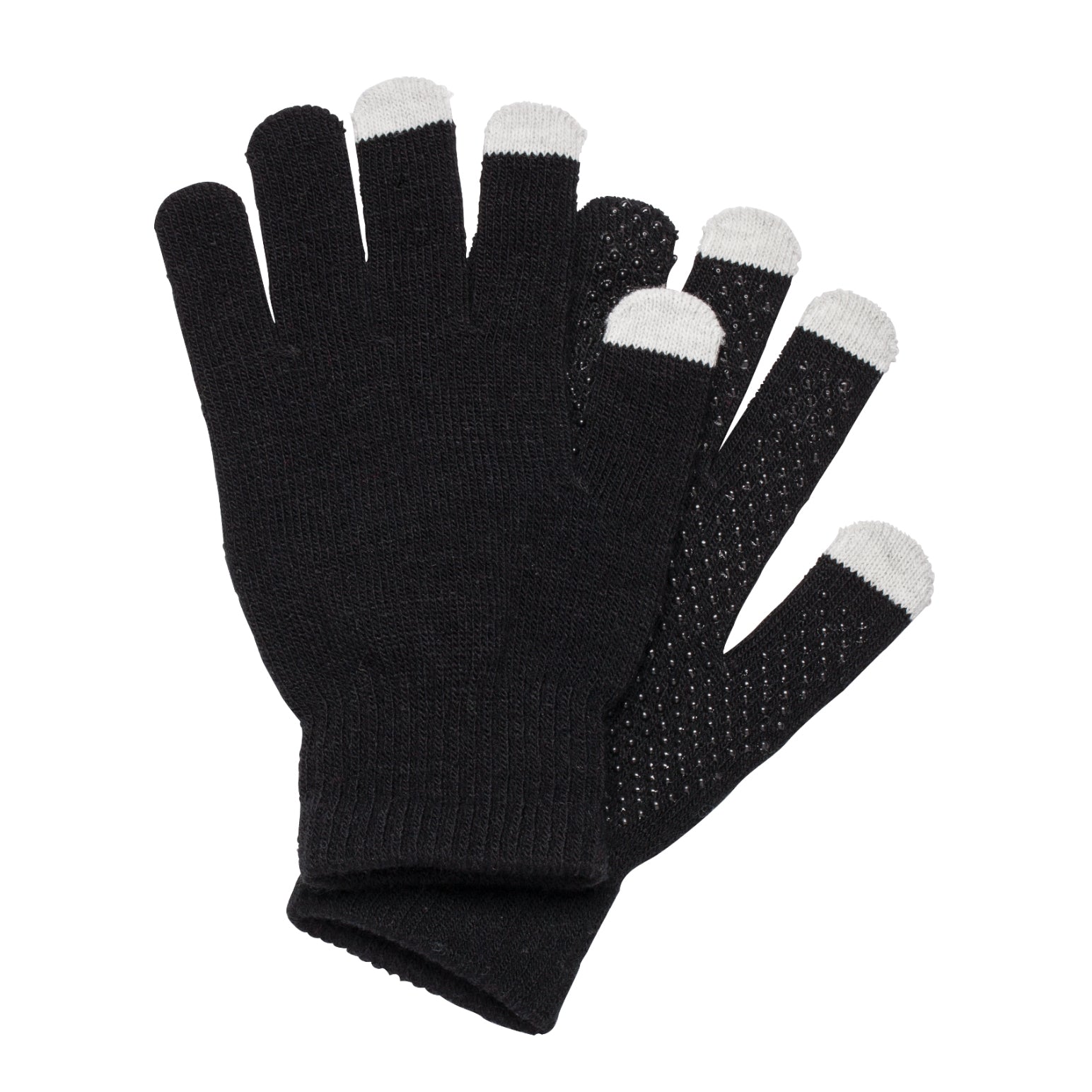Pair of black knit touchscreen gloves with grey conductive fingertips and dotted grip on the palm side, ready for custom logo imprinting