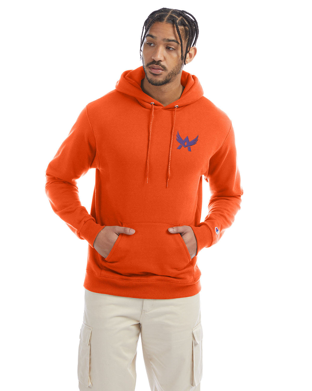 Model wearing a orange Champion hoodie with a front kangaroo pocket and a purple abstract winged logo on the left chest