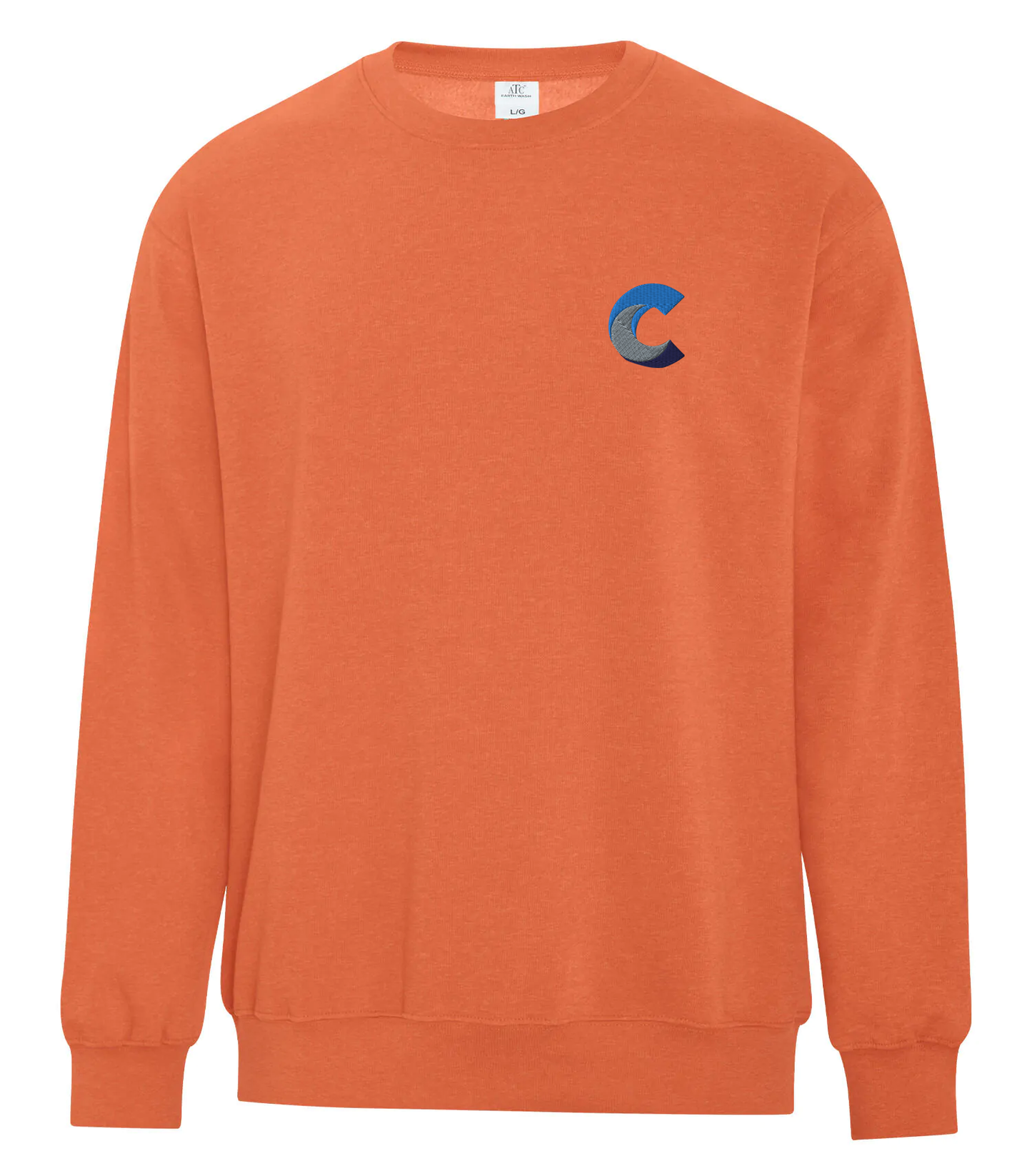 Front view of an orange crewneck sweatshirt with a small embroidered blue 'C' logo on the left chest, displayed against a white background.