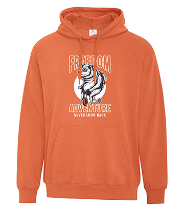 Orange fleece hoodie featuring a graphic of a bear riding a bike with a full white moon in the background and bold white and red-orange text that reads 'FREEDOM ADVENTURE - Never Look Back'