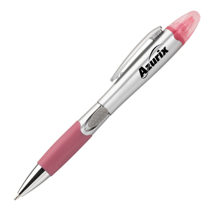 Silver and pink pen with a rubber grip and blue translucent cap, featuring a logo on the barrel.