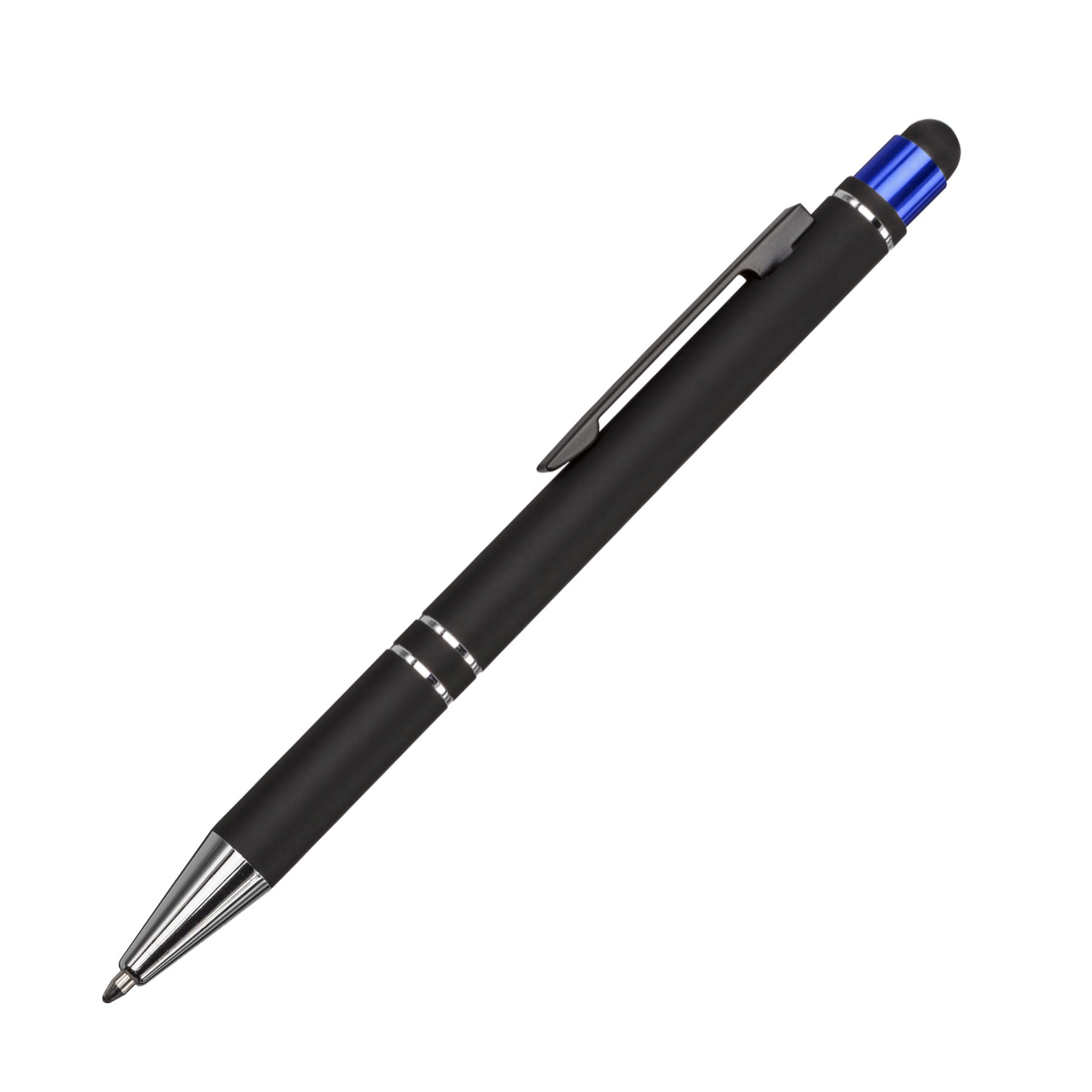 Black stylus pen with chrome accents and a blue metallic top, featuring a sleek clip and twist-action mechanism.