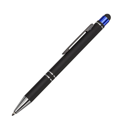 Black stylus pen with chrome accents and a blue metallic top, featuring a sleek clip and twist-action mechanism.