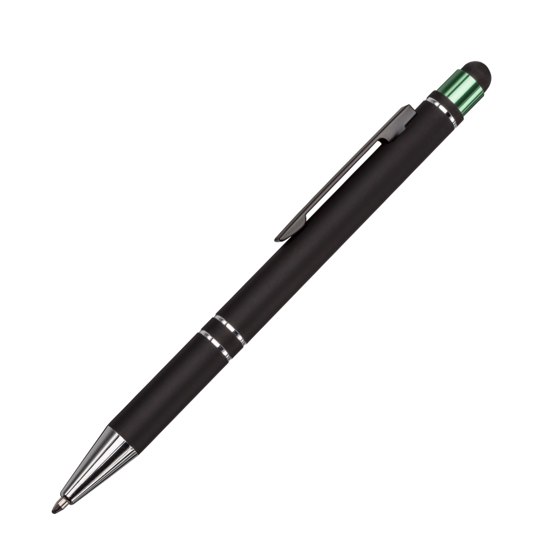 Black stylus pen with chrome accents and a green metallic top, featuring a sleek clip and twist-action mechanism.