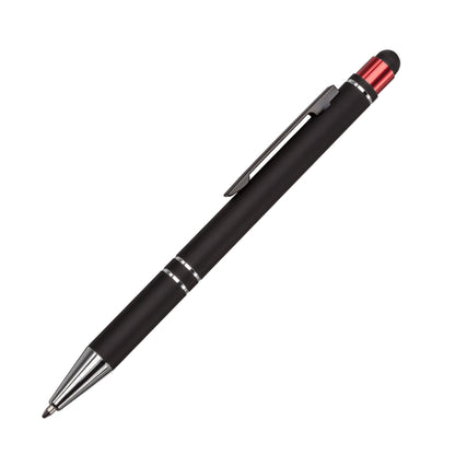 Black stylus pen with chrome accents and a red metallic top, featuring a sleek clip and twist-action mechanism.