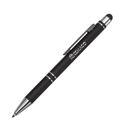 Black stylus pen with chrome accents and a clip, featuring a logo printed on the barrel.
