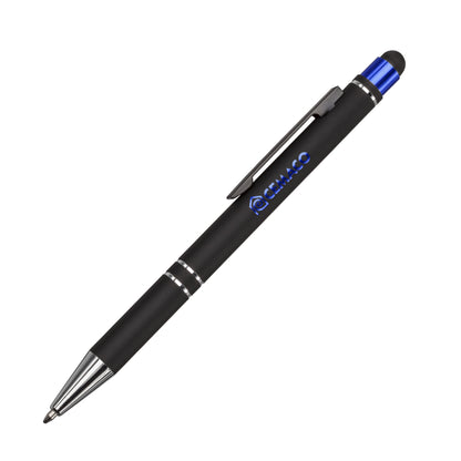 Black stylus pen with chrome accents and a blue metallic top, featuring a sleek clip and twist-action mechanism.