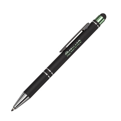 Black stylus pen with chrome accents and a green metallic top, featuring a sleek clip and twist-action mechanism.