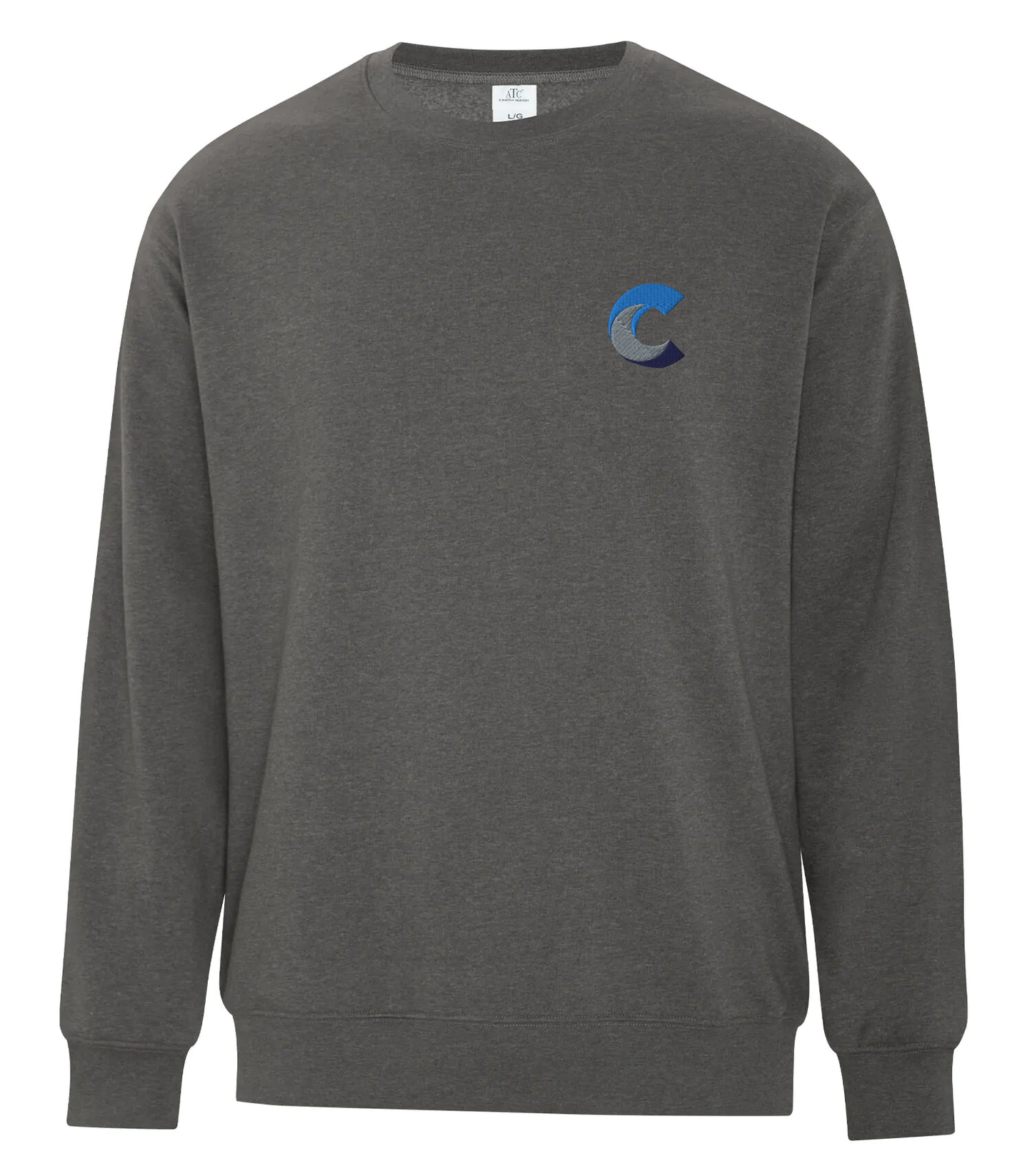 Front view of a charcoal grey crewneck sweatshirt featuring a small customized embroidered 'C' logo in blue tones on the left chest, displayed against a plain background.