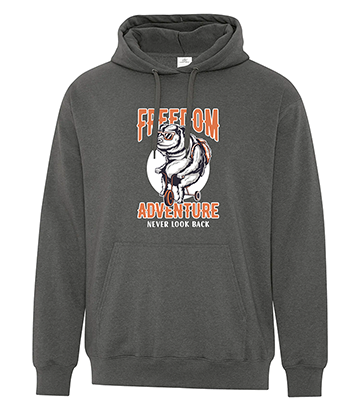 Charcoal grey fleece hoodie featuring a central print of a bear riding a bicycle under a full moon, with bold orange and white text that reads 'FREEDOM ADVENTURE – Never Look Back'