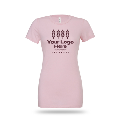 Safety pink Bella + Canvas BCB6400 ladies' jersey short-sleeve T-shirt with custom white logo and text.
