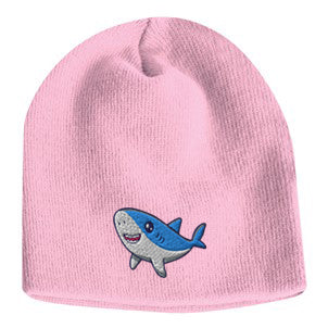 Pink acrylic knit beanie featuring a cute embroidered cartoon shark logo on the front.