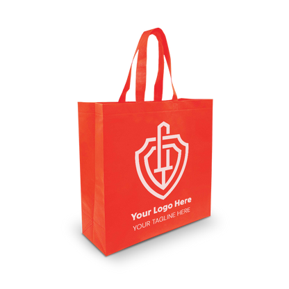 Red reusable tote bag with a white shield-style custom logo and space for a tagline on the front.