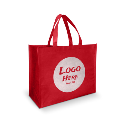 Red reusable tote bag with dual handles, featuring a large circular area on the front for a custom logo and tagline