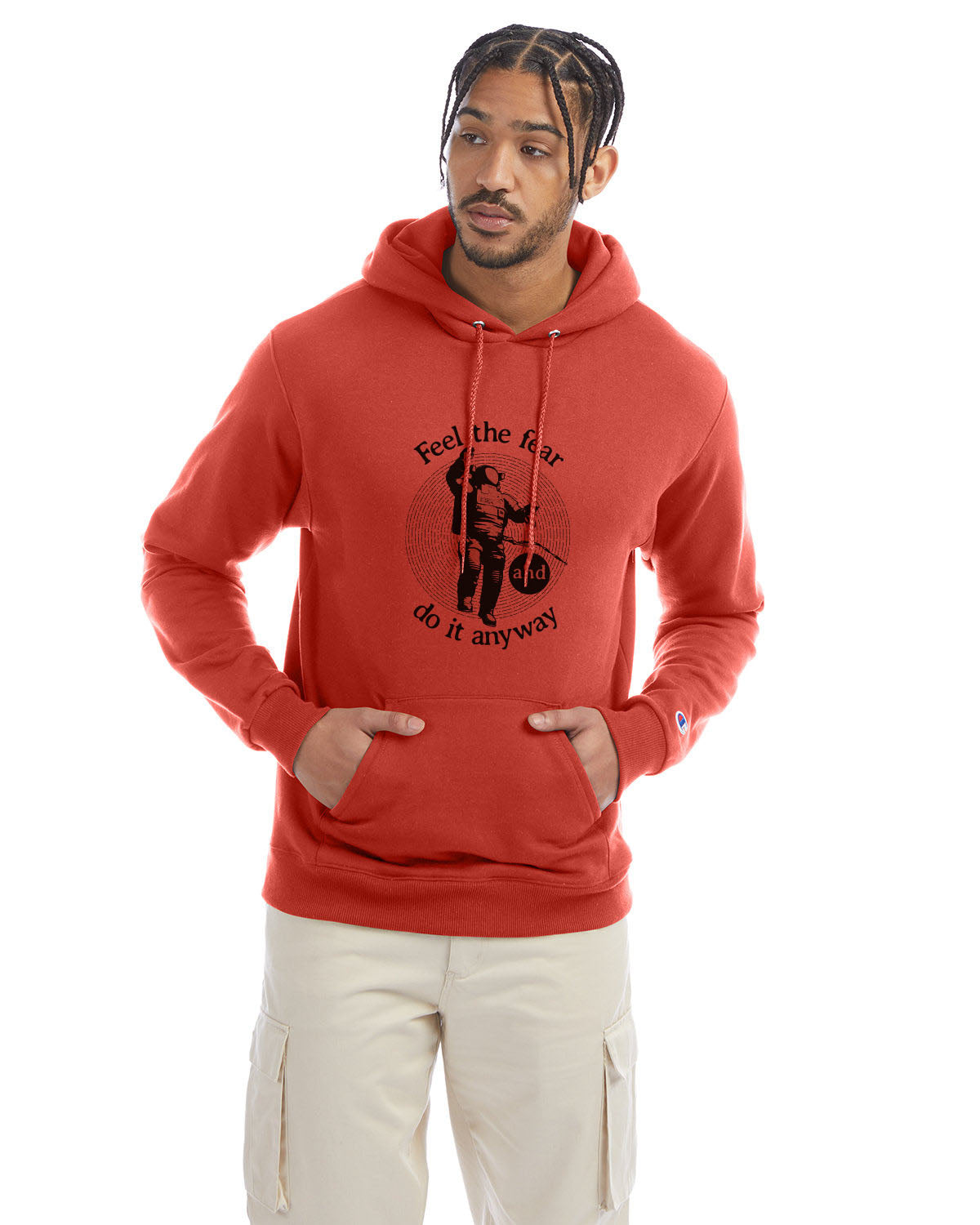 Red riverclay Champion hoodie with “Feel the fear and do it anyway” graphic