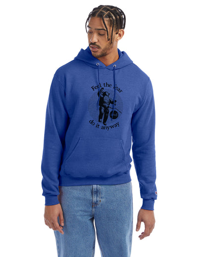 Royal blue Champion hoodie with “Feel the fear and do it anyway” graphic
