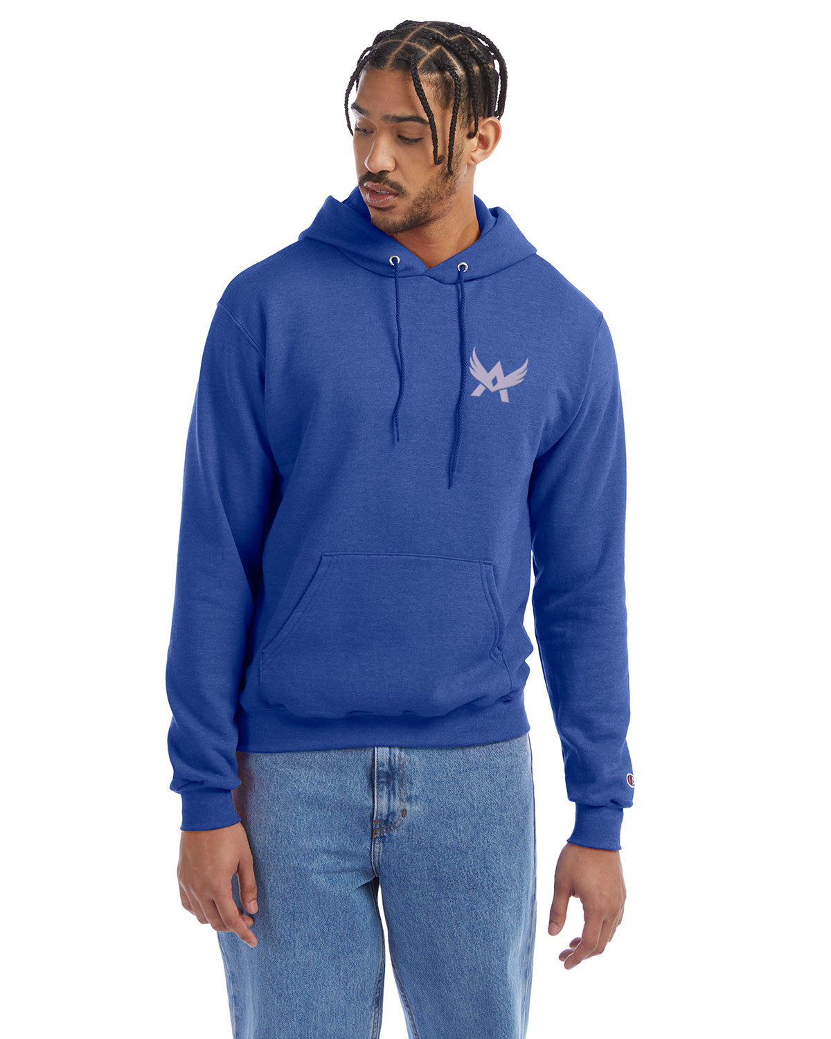Model wearing a royal blue Champion hoodie with a front kangaroo pocket and a purple abstract winged logo on the left chest