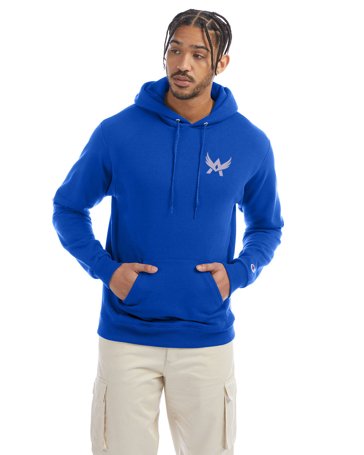 Model wearing a royal blue Champion hoodie with a front kangaroo pocket and a purple abstract winged logo on the left chest