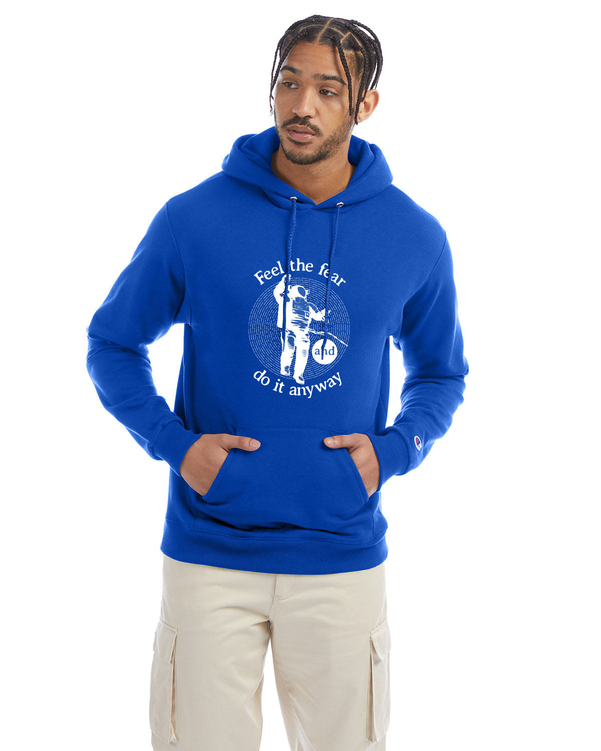Royal blue Champion hoodie with “Feel the fear and do it anyway” graphic