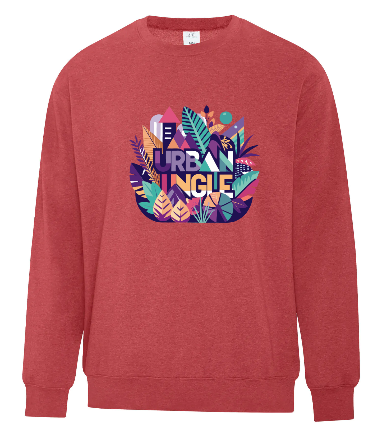 Heather red crewneck sweatshirt featuring a vibrant 'Urban Jungle' graphic centered on the chest, showcasing colorful tropical foliage and geometric cityscape elements in bold shades of purple, teal, orange, and pink