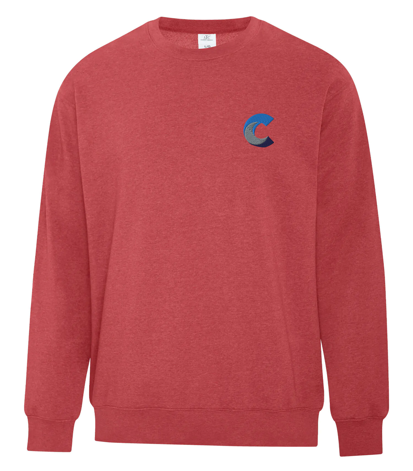 Front view of a red crewneck sweatshirt with a customized embroidered blue 'C' logo on the left chest, displayed against a plain background