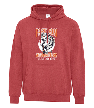 Red fleece hoodie featuring a bold graphic of a bear on a bicycle in front of a full moon, with orange and white text that reads 'FREEDOM ADVENTURE – Never Look Back'.