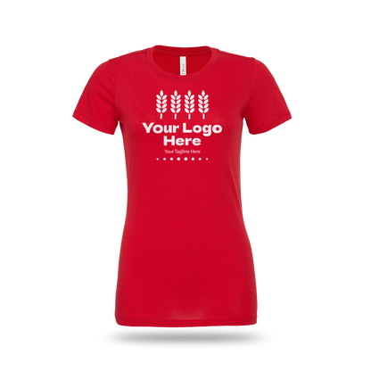 Red Bella + Canvas BCB6400 ladies' jersey short-sleeve T-shirt with custom white logo and text.