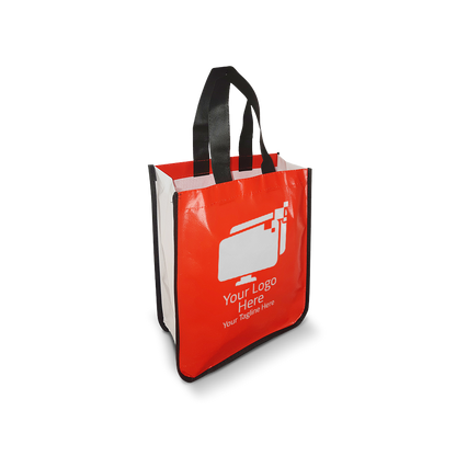 Red small laminated non-woven bag with curved bottom, white sides, and black handles, ideal for custom branding