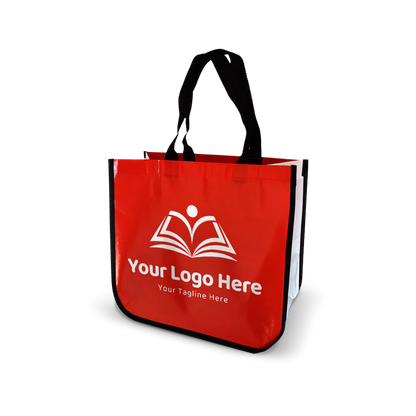 Glossy red promotional tote bag with white side panels, black handles, and a bold custom logo