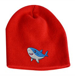 Red acrylic knit beanie featuring a cute embroidered cartoon shark logo on the front
